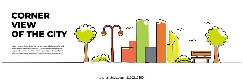 Vector illustration of a public city park view. Garden and leisure design concept. Modern flat in continuous line style.