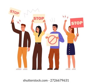 Vektorgrafik der öffentlichen Demonstration. Zeichentrickszene Gruppe von jungen Männern und Frauen stehen mit Stoppschildern, rufen, Rallye, erhobenen Händen einzeln auf weißem Hintergrund. Soziale, politische Stimmungen.