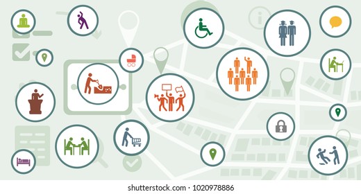 vector illustration of public events and city map and people icons for smart city information visualization concepts 