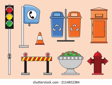 vector illustration of public facilities and road signs