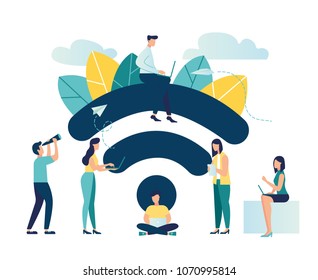 Vector illustration, public free wireless connection wireless point Wi-Fi, For mobile user interface, the transmission of digital data streams over radio channels vector