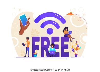 Vector illustration, public free wireless connection wireless point Wi-Fi, For mobile user interface, the transmission of digital data streams over radio channels