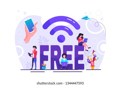 Vector illustration, public free wireless connection wireless point Wi-Fi, For mobile user interface, the transmission of digital data streams over radio channels