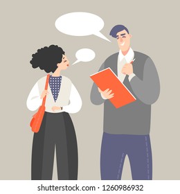 Vector illustration of a public opinion poll with a man holding a questionnaire and asking a woman questions. Cartoon characters