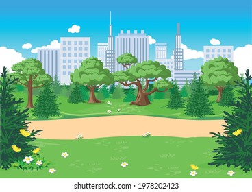 Vector illustration of a public park with a footpath in a big city with skyscrapers. Horizontal illustration of a city park in a cartoon style.