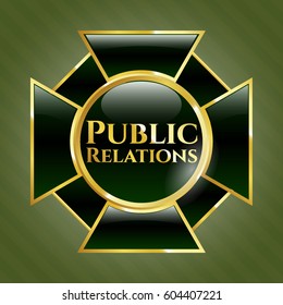 Ilustración vectorial del emblema dorado de Relaciones Públicas en color verde
