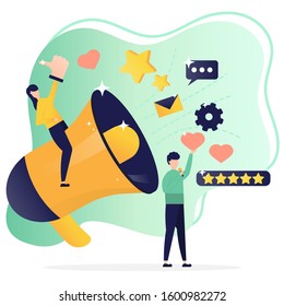 vector illustration, public relations, public speaking, marketing, people doing promotions using megaphones. Can be used for, landing pages, templates, UI, web.