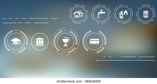 Vector Illustration Of Public Service Icons For Managing And City Administration Concepts On Abstract Blurry Background