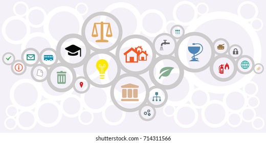 Vector Illustration Of Public Service Icons For Managing And City Administration Concepts In Circles Network Shape Design