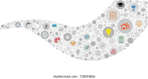 vector illustration of public service icons for managing and city administration concepts in circles network curved wave shape design