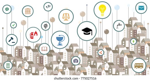 Vector Illustration Of Public Service Icons And Urban Buildings And Colorful Pins For Smart City Information Visualization Concepts 