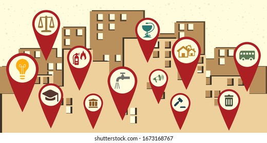 vector illustration of public service loations symbols around city style poster