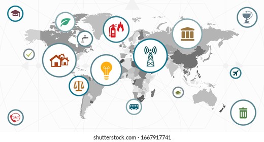 vector illustration of public service options and world map for global international solutions