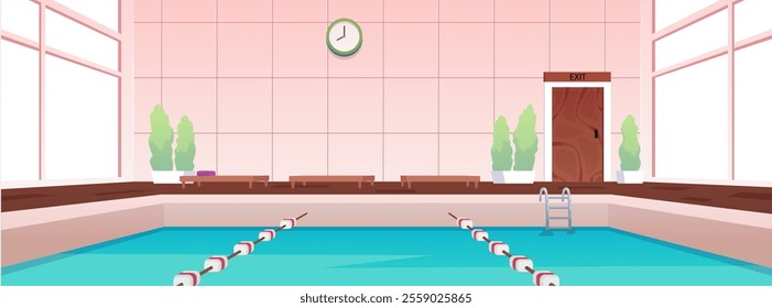 Vector illustration of public swimming pool for fitness and spa. Indoor pool with stairs, windows, door, clock, benches and plants. Professional sport and healthy lifestyle. Flat cartoon style.