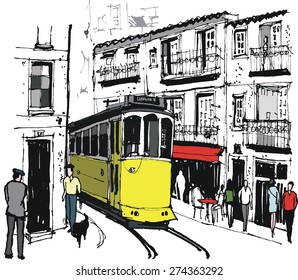 Vector illustration of public tram in Lisbon, Portugal, as it passes historic old buildings and pedestrians. 