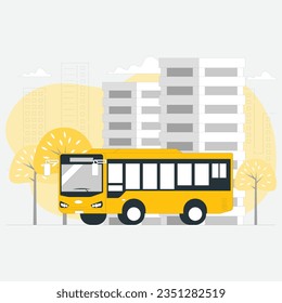 Ilustración vectorial del transporte público. Autobús urbano cerca de la parada del autobús. Icono de vehículo lineal. Elegante banner web. Concepto para el negocio del transporte.