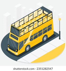 Vector illustration of public transport. City bus near the bus stop. Linear vehicle icon. Stylish web banner. Concept for the transport business.