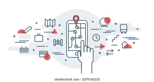 Vector illustration of public transport. Using digital technologies for navigation in the city. Linear minimal design.