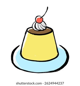 Vector illustration of a pudding with brush-like whipped cream and cherries on top.