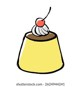 Vector illustration of a pudding with brush-like whipped cream and cherries on top.