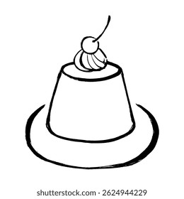 Vector illustration of a pudding topped with brush-like whipped cream and cherries.