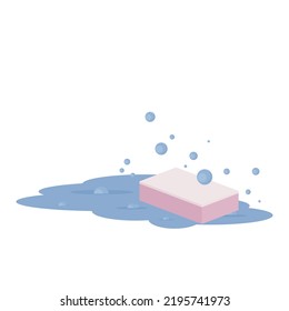 vector illustration of puddle with soap bubbles and sponge