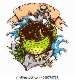 Vector Illustration Of Puffer Fish With Banner and Anchor