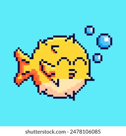 Vector Illustration of puffer fish with Pixel Art Design, perfect for game assets themed designs