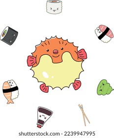 Vector illustration - Puffer fish in the style of kawai surrounded by sushi in a flat style