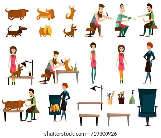 Vector illustration of puffy barber pet grooming salon characters, furniture, dog grooming supplies and equipment isolated on white background. Flat style design.