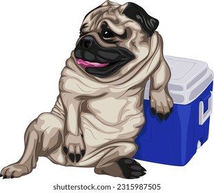 Vector illustration of pug dog leaning on portable refrigerator. The pug is resting, leaning its paw on a portable refrigerator. Illustrations of dogs in vector.