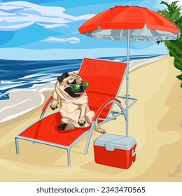 Ilustración vectorial del perro de pug inclinado sobre el reposabrazo de la tumbona bajo el paraguas de la playa. Pase a la playa tropical con un refrigerador portátil, inclinando su garra sobre un brazo de tumbonas a la sombra de