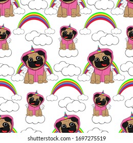 Vector Illustration. Pug dressed in a unicorn costume. In the background a rainbow and clouds. Objects are isolated on a white background. Cute picture in comic style. Pop Art.