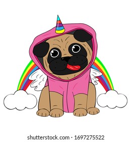 Vector Illustration. Pug dressed in a unicorn costume. In the background a rainbow and clouds. Objects are isolated on a white background. Cute picture in comic style. Pop Art.