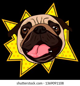 Vector illustration pug head with tongue in comic style. On black background in comic fllash.