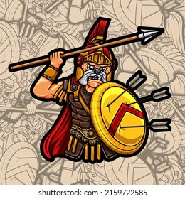 vector illustration of pug warrior spartan dog with spear and shield is perfect for t-shirt design, sticker and entertainment poster design