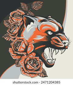 vector illustration of puma head with roses