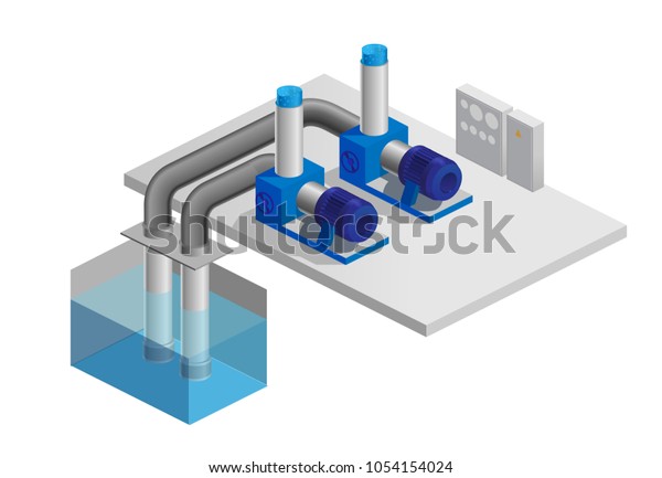 ポンプ場 ウォーターポンプ プール 液体の輸送 アイソメ図のベクターイラスト のベクター画像素材 ロイヤリティフリー