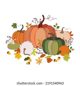 Vector illustration of a pumpkin with autumn leaves. Isolated picture on a white background in a flat style. Thanksgiving card or poster, Halloween. Autumn harvest