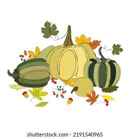 Ilustración vectorial de una calabaza con hojas de otoño. Imagen aislada sobre un fondo blanco en un estilo plano. Cartel de Acción de Gracias o afiche, Halloween. Cosecha de otoño