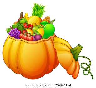 Vector illustration of Pumpkin basket full of fruits and vegetables