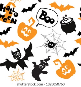Vector illustration with pumpkin, bat, spider and hat for Halloween day seamless pattern