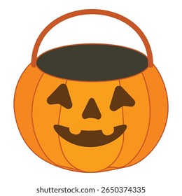 Vector illustration of a pumpkin candy bucket with a carved face, for sweets. Fun Halloween element perfect for trick-or-treat graphics, party invitations, and festive decorations.