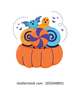 Vector illustration of pumpkin with candy. Happy Halloween. Ghost. Halloween party. Banner, landing page. White background.