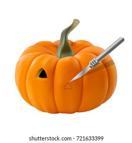 Vector illustration of pumpkin with carved eye. Pumpkin carving with knife.