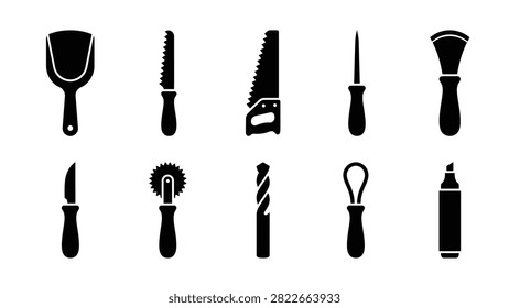 Vector illustration of pumpkin carving and craft tools including scoop serrated knife hand saw awl scraper chisel tracing wheel drill loop tool and marker. Black silhouette icons for diy autumn projects and seasonal halloween pumpkin decorating tutorials.