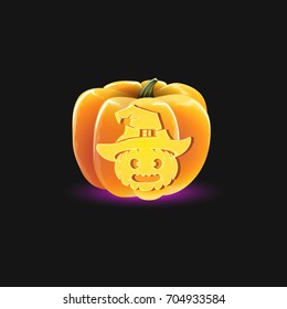 Vector illustration of pumpkin with carving. Stencil pumpkin in a hat. Designer element for Halloween party.