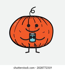 Vector Illustration of Pumpkin Character with cute face and simple body line drawing on isolated background