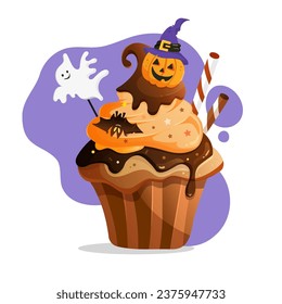 Vektorgrafik Kürbiskuchen dekoriert Schokolade, Süßigkeiten, Geist und Fledermaus.