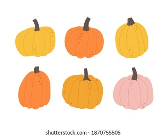 Vector illustration of pumpkin in different colors on a white background. Hand-drawn set. Trendy vegan food background for fabric, paper. Suitable for illustrating healthy eating, recipes, local farm.